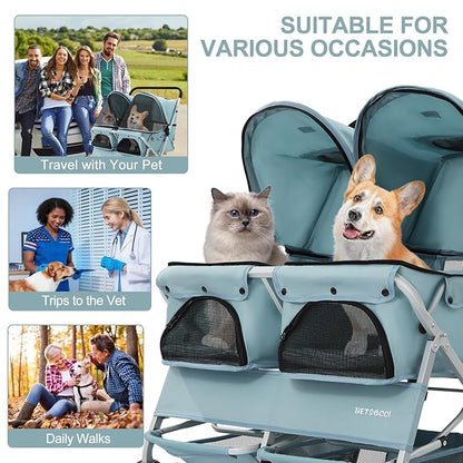 Double Pet Stroller for 2 Small Dogs & Cats, Side-by-Side Twin Travel Carriage with Safety Leashes, Mesh Windows & Double Storage Baskets, Lightweight & Foldable, 44lbs Capacity, Light Blue
