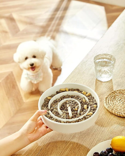 Ceramic Slow Feeder Dog Bowls, 2.0 Cups Slow Feeder for Medium Dogs, Puzzle Maze Bowl to Slow Down Eating, 30oz, 8in, White