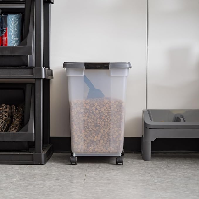 IRIS USA Dog Food Storage Container 50 lbs, with Removable Rolling Wheels & Included Scoop, for Dog Cat Bird and Other Pets, Food Storage Bin, Keep Fresh, Made in USA, Clear/Dark Gray