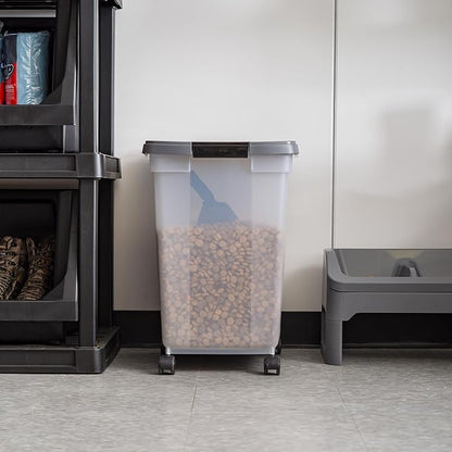 IRIS USA Dog Food Storage Container 50 lbs, with Removable Rolling Wheels & Included Scoop, for Dog Cat Bird and Other Pets, Food Storage Bin, Keep Fresh, Made in USA, Clear/Dark Gray