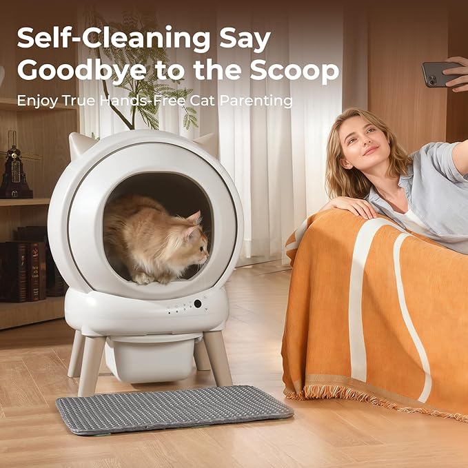 Automatic Cat Litter Box - E2 Self Cleaning Litter Box Smart Robot for Multiple Cats, APP Real-Time Monitor, Weight Monitoring, Safe Anti-Pinch Liners and Mat Included