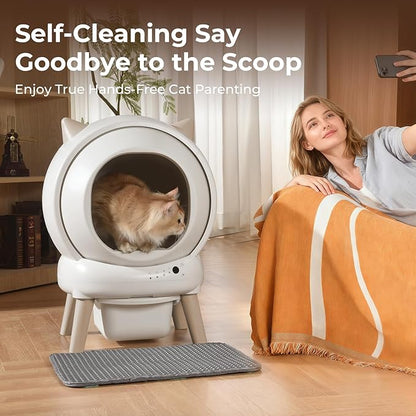 Automatic Cat Litter Box - E2 Self Cleaning Litter Box Smart Robot for Multiple Cats, APP Real-Time Monitor, Weight Monitoring, Safe Anti-Pinch Liners and Mat Included