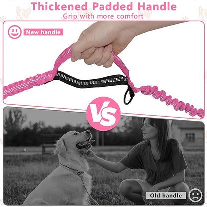 Hands Free Dog Leash with Zipper Pouch, Running Waist Leash for Dog Walking, Adjustable Waist Belt for Large Dogs, Reflective Bungee Design with Two Handle for Hiking, Training, Pink