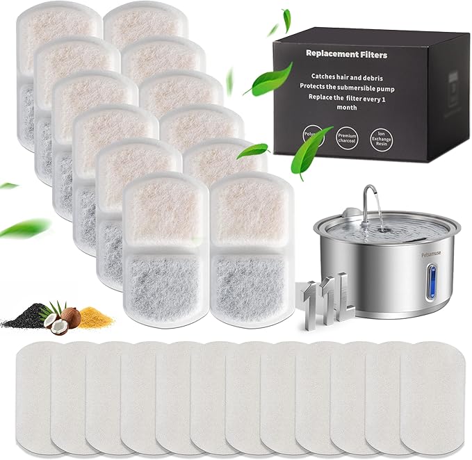 Dog Water Fountain for Large Pets,11L/3G Stainless Steel Fountain Triple Filtration, Great for Large Dogs Cats and Multi-Pet Home (12Set Filters for 11L Automatic Circulating Dog Fountain)