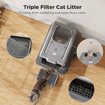 FURTIME XXXL Extra Large Stainless Steel Litter Box with Lid, Large Enclosed Cat Litter Box for Big Cats, Metal Cat Box with High Sided Enclosure & Scoop, Grey