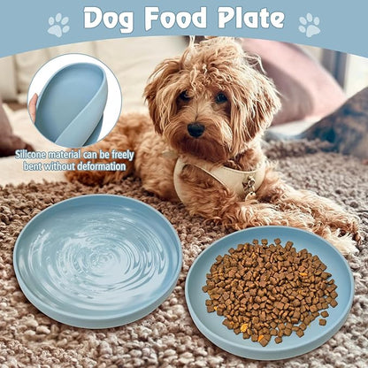 BNOSDM Silicone Cat Bowl Non-Slip Cat Food Plate Flat Dog Bowls with Suction Cup Shallow Puppy Food and Water Dish for Small and Medium Pets (Gray-Blue)