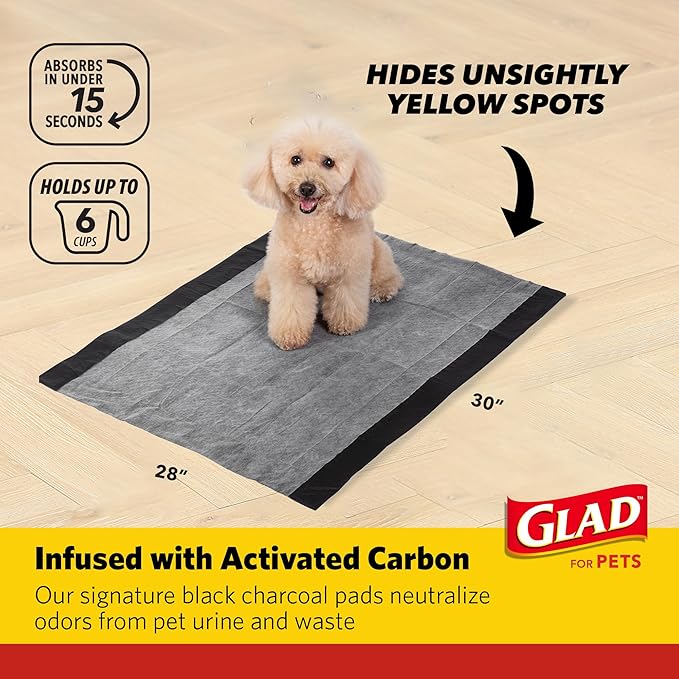 Glad for Pets Extra Large Charcoal Dog Training Pads, Absorbent Leak Proof Pee Pads for Dogs and Puppies, Odor Control Potty Pads with Activated Carbon, 28 x 30 Inches, 30 Count - 2 Pack
