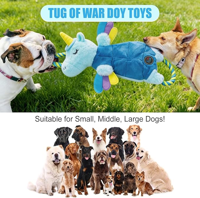Interactive Squeaky Dog Chew Toy, Tough Plush Dog Toys for Chewers, Small, Medium & Large Dogs, Plush with Double Rope Handles for Tug of War, Mess-Free, Light Blue