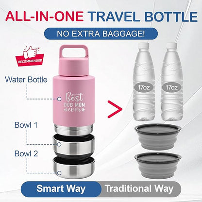 KEWIXY Insulated Dog Travel Water Bottle With Detachable Bowls, Ideal Dog Mom Gifts for Women, Portable Water Bottle Dispenser, For Walking, Hiking, Camping, Outdoor (Pink:Best Dog Mom, 32 Oz)