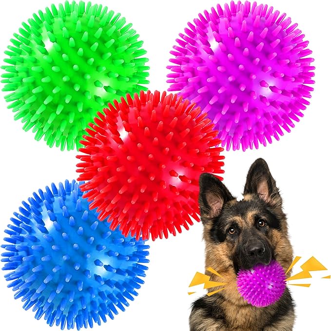 4 Pack 4.5” Squeaky Dog Balls for Large and Medium Dogs, Spiky Dog Toy Balls for Aggressive Chewers
