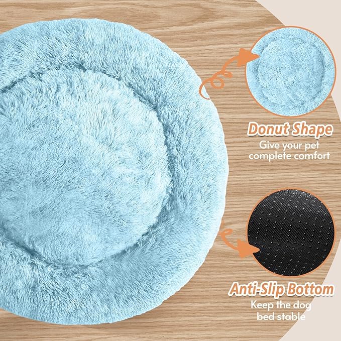 JOLLYVOGUE Calming Dog Bed Medium Size Dog, 31in Donut Washable Medium Pet Bed, Anti-Slip & Anti-Anxiety Fluffy Faux Fur Round Dogs Bed, Fits up to 45 lbs Pets (Light Blue)