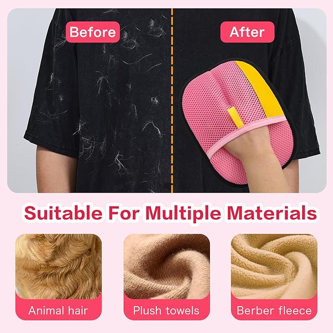 3pc Pet Hair Removal Gloves, Reusable Cats & Dogs Pet Hair Removal Tool,Efficient Pet Hair Removal Electrostatic Gloves is Suitable for Clothes, Sofas, Beds and Carpets (Pink)