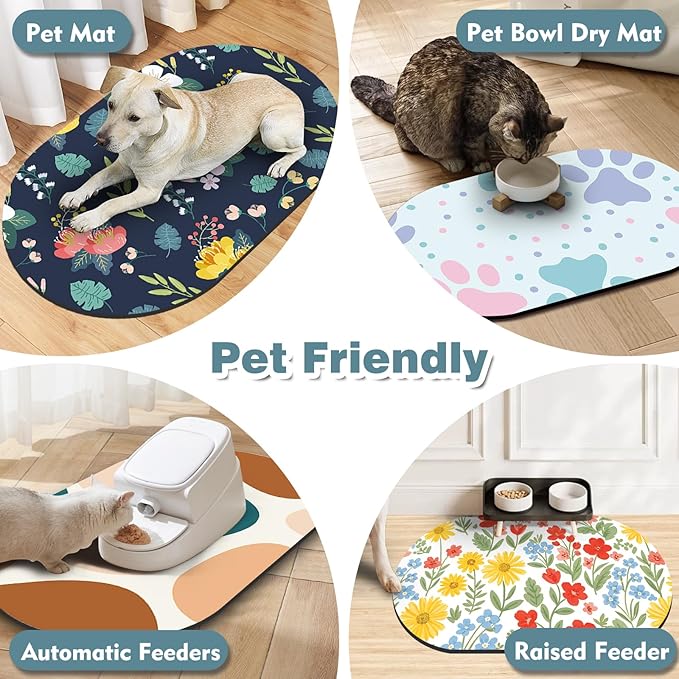 Large Absorbent Dog Mat for Food and Water 28''x17'', Easy Clean Cat Dog Water Bowl Mat, Non-Slip Pet Water Mat Protect Floor, Fit with Automatic Feeders and Double-Bowl, Dakr Blue Floral