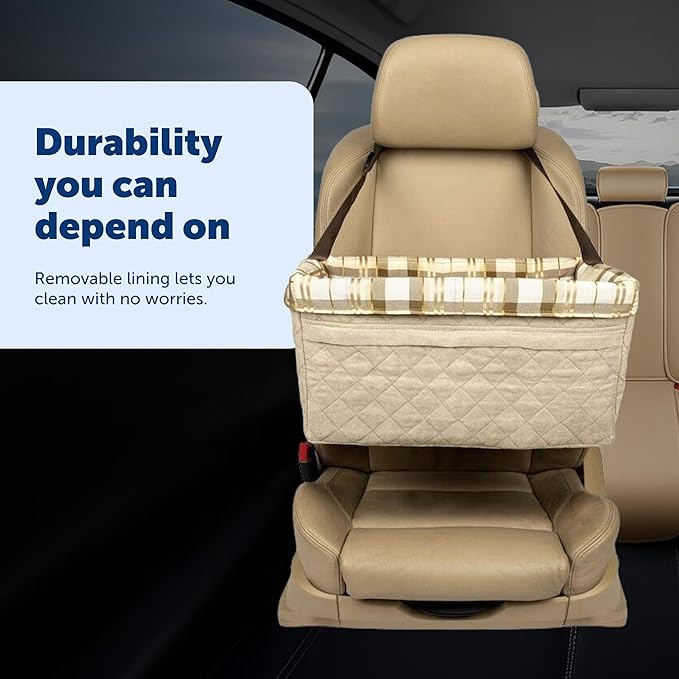PetSafe Happy Ride Booster Seat for Dogs - Open Road Comfort - Safe Tether System - Zipper Pouch Dog Seat - Machine Washable Fleece Liner - Easy Install Design - Tan - Up to 25 lb