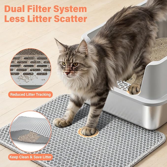 2PACK Stainless Steel Cat Litter Box with Lid, XL Metal Litter Box, Extra Large Litterbox for Big Cats, High Sided | Easy Cleaning | Odor-Free Includes Scoop and Mat
