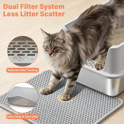 Stainless Steel Cat Litter Box with Lid, XL Metal Litter Box, Extra Large Litterbox for Big Cats, High Sided | Easy Cleaning | Odor-Free Includes Scoop and Mat