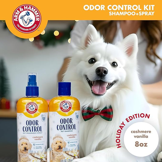 Arm & Hammer Odor Control Pet Deodorizing Set, Holiday Edition: Includes Dog Shampoo, 8FL OZ + Bath Spray, 8FL OZ, Cashmere Vanilla Scent