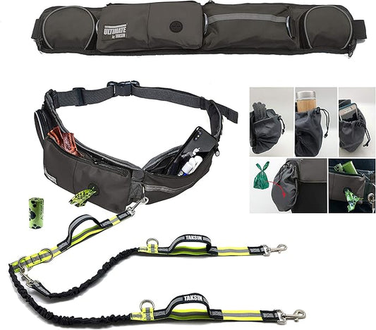 TAKSIN The Ultimate Hands Free Two Dogs Double Leash System for Walking Running Hiking Training, Reflective Bungee Leash, Treat Holder, Poop Bag Dispenser Small Medium Large Dogs (Grey Deluxe Pack)