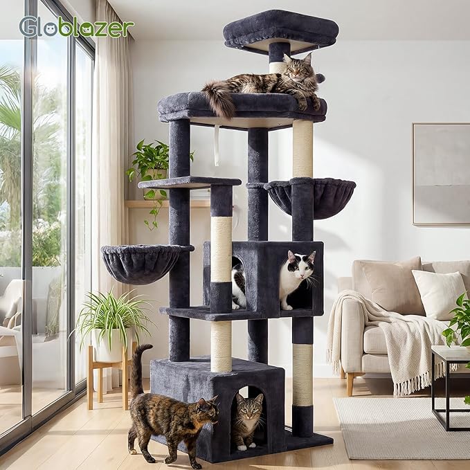 Globlazer Sturdy Cat Tree, 68-inch Large Cat Tower for Indoor Adult Cats 20 lbs Heavy Duty Cat Tree for Big Cats with Extra Large Platform, 5 Scratching Post, S68, Dark Grey