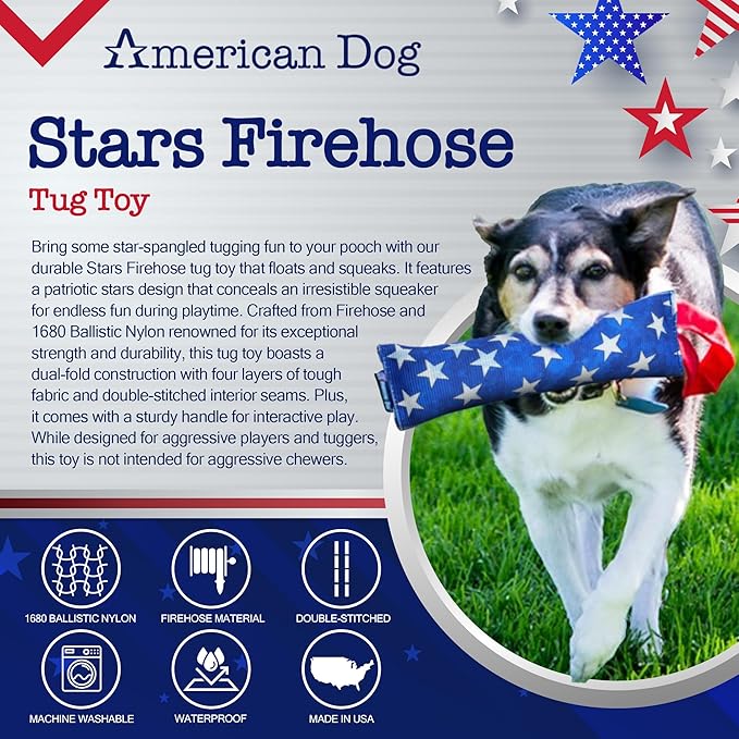 American Dog Stars Firehose – Durable Tug Dog Toy Made in USA from Pet-Safe, Machine-Washable Firehose & 1680 Nylon Ballistic Material for Bonding, Play Time, Exercise, Training, & More