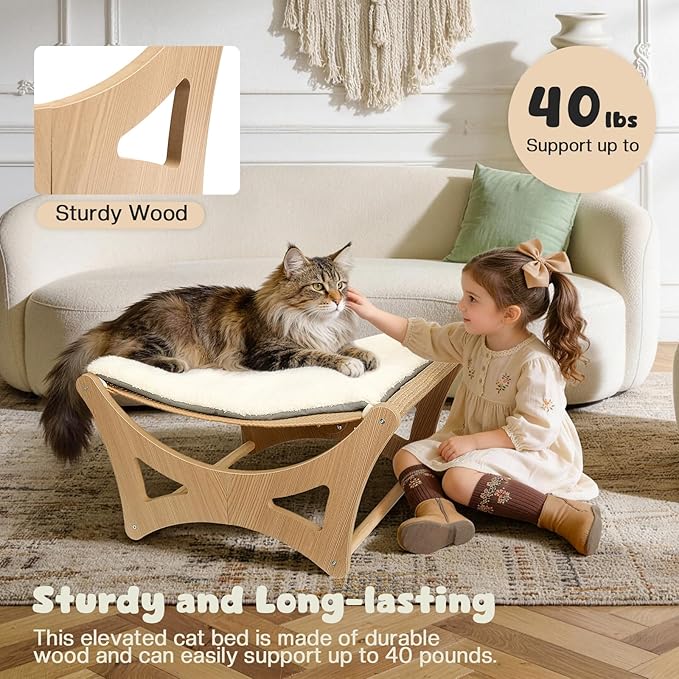 Cat Hammock Bed, Wooden Elevated Cat Beds with Natural Sisal Scratching Mat, Cats Scratcher Bed with Removable Soft Cushion, Cats Scratching Beds with Wood Frames, 22" L x 17.7" W