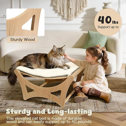 Cat Hammock Bed, Wooden Elevated Cat Beds with Natural Sisal Scratching Mat, Cats Scratcher Bed with Removable Soft Cushion, Cats Scratching Beds with Wood Frames, 22" L x 17.7" W