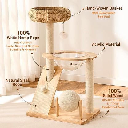 HITTITE Solid Wood Cat Tree Tower with Scratching Post, 36.6 Inches Tall Cat Towers with Scratching Board and Scratcher Ball, Modern Cat Tower With Space Capsule and Hand-Woven Basket for Indoor Cats.
