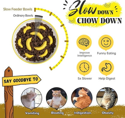 Ceramic Cat Slow Feeder Bowl - Vibrant Cat Feeding Bowl - Cute Maze Food Dish for Slow Eating - Dishwasher Safe - 6.3''W x 1.2''H - 7 OZ - Yellow