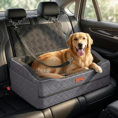 Dog Car Seat for Medium Large Dogs, 4" Elevated Booster Seat with ISOFIX Safety Fixation, Washable Cover & High Density Memory Foam, Portable for Car Front/Rear/Trunk Home Outdoor Use (Charcoal Gray)