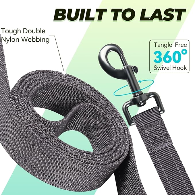 VIVAGLORY Dog Leash Twingrip Double Handle Dog Leash with Traffic Handle Control & 2 Loop for Walking & Training, Reflective Heavy Duty for Puppy Pet Collar, 4ft x 1in, Grey