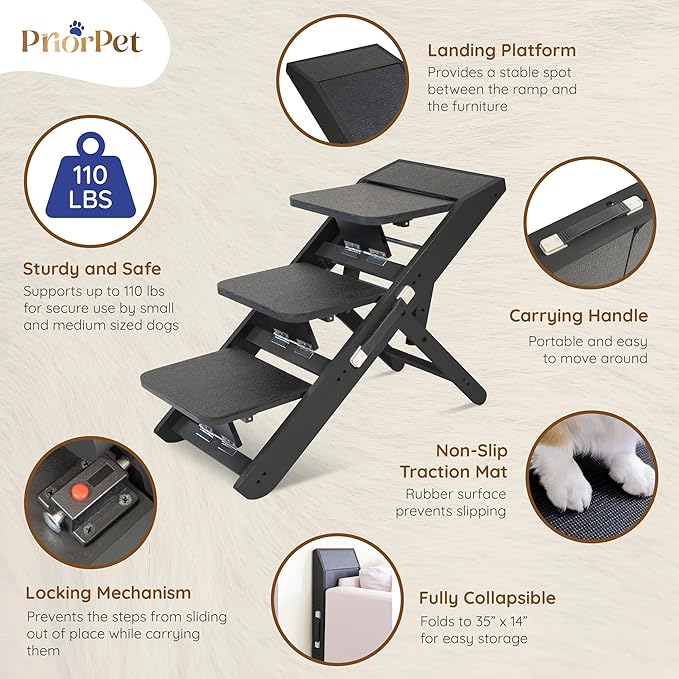 Dog ramp for Couch – Non-Slip, Sturdy Build Foldable Dog ramp – Supports up to 200lbs – Adjustable 7'' to 20'' – Landing Platform Seamlessly Connects – Birchwood Pet Ramp for Small Dogs –Black