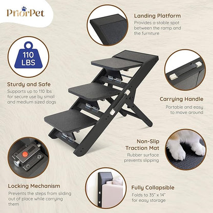 Dog ramp for Couch – Non-Slip, Sturdy Build Foldable Dog ramp – Supports up to 200lbs – Adjustable 7'' to 20'' – Landing Platform Seamlessly Connects – Birchwood Pet Ramp for Small Dogs –Black
