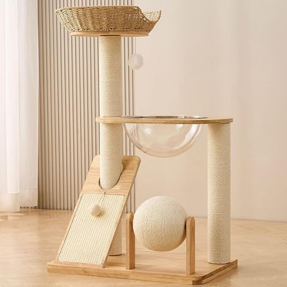 HITTITE Solid Wood Cat Tree Tower with Scratching Post, 36.6 Inches Tall Cat Towers with Scratching Board and Scratcher Ball, Modern Cat Tower With Space Capsule and Hand-Woven Basket for Indoor Cats.