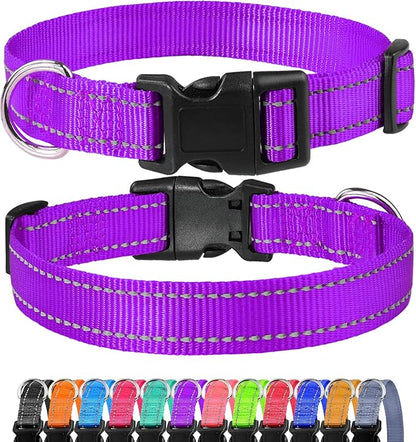 FunTags Reflective Dog Collar, Sturdy Nylon Collars for Medium Girl and Boy Dogs, Adjustable Dog Collar with Quick Release Buckle, Purple