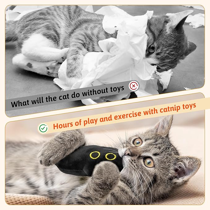 HubirdSall 5Pcs Cute Black Cat Catnip Crinkle Paper Sound Toys Gift for Cats, Catmint Teething Chew Kick Interactive Toy with Bread for Indoor Kitty, Soft Funny Pet Presents Supplies for Kitten Lover
