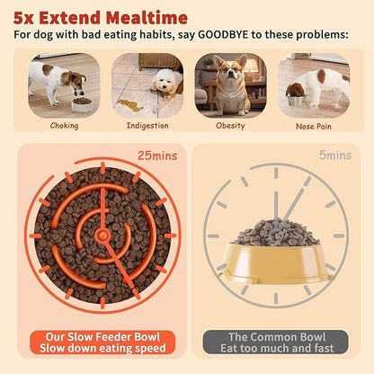 Elevated Slow Feeder Dog Bowl - Ceramic Maze Food Dish with Bamboo Stand - Raised Feeding Bowl for Fast Eaters - Ideal for Small and Medium Dogs - Orange - 6.7 inch