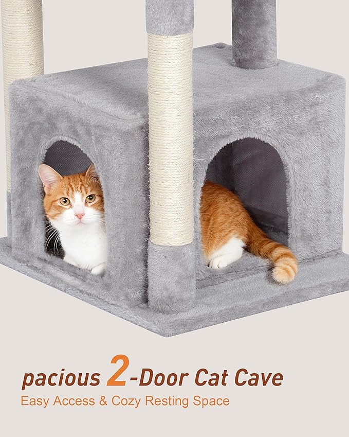 Cat Tree for Large Cat, 19 * 15.8in Large Perch Bed for Adult Cats, 23.6in Cat Tower with Scrathing Post, Cat Condo with 2-Door for Indoor Cats, Light Gray