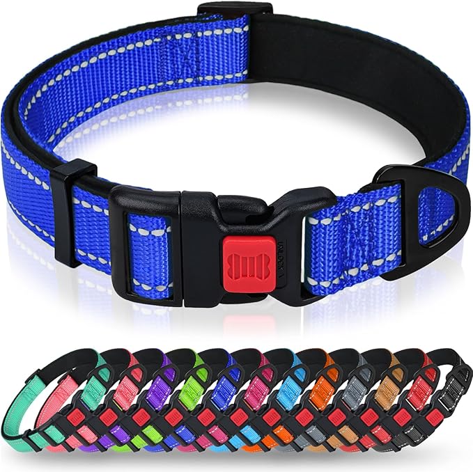 Taglory Reflective Dog Collar with Safety Locking Buckle, Soft Neoprene Padded Dog Collar for Small Dogs, Metal D-Ring, Adjustable Nylon Neck Strap for Daily Walking, Training & Running, Navy Blue, S