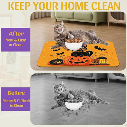 Halloween Cat Pet Feeding Mat, Absorbent Dog Bowl Pad, Quick Dry with Anti-Skid Bottom, Indoor Pet Accessories – 12x20 Inch