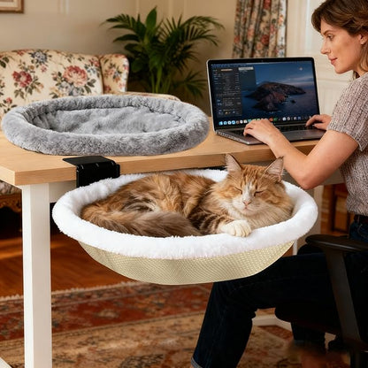 L&W BROS. Cat Desk Bed, with 2 Machine-Washable Covers -No Wash Downtime, Supports 50lbs, Space-Saving Foldable Cat Bed Desk Mount for Gaming