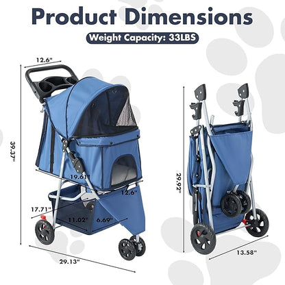Sweetcrispy 3 Wheels Pet Stroller for Small Dogs and Cats – Foldable Dog Stroller with Mesh Windows, Storage Basket & Cup Holder, Lightweight & Durable Pet Carrier for Travel, Outdoor Use, Blue