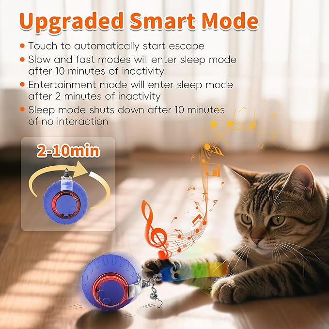 UPSKY Interactive Cat Toy Ball - Automatic Interactive Cat Toys for Indoor Cats, 3-Speed Modes Smart Kitten Toys with Sounds, Rechargeable Cat Ball for Bored Indoor Adult Cats (Blue)