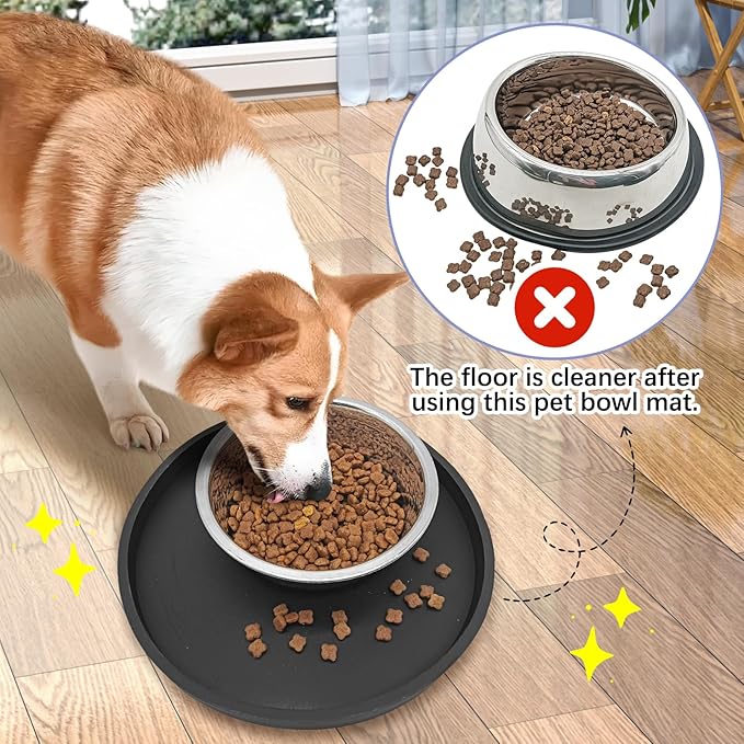 BNOSDM 2 Pack Cat Feeding Mat Pet Silicone Food Mat Black Dog Feeding Mats for Food and Water Nonslip Waterproof Feed Mats Round Eating Plate for Small Cats and Dogs (7.1in)
