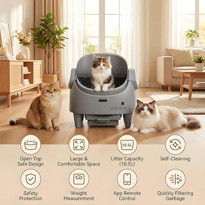 Automatic Cat Litter Box, Self-Cleaning Litter Box with Open-Top Design, 15-Layer Safety Protection System & Smart App Control, Electric Cat Litter Box with Adjustable Entry Height & Odor Control
