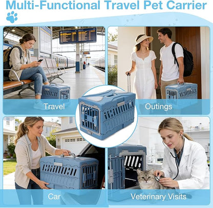 Pet Carrier for Cats & Small Dogs, Foldable & Durable Hard Cat Carrier Plastic, 2-Door 360° Ventilation Clear Top Pet Travel Kennel Crate for Longer Traveling Upto 22Lbs (22.0" L x 13.0" W x 14.6" H)