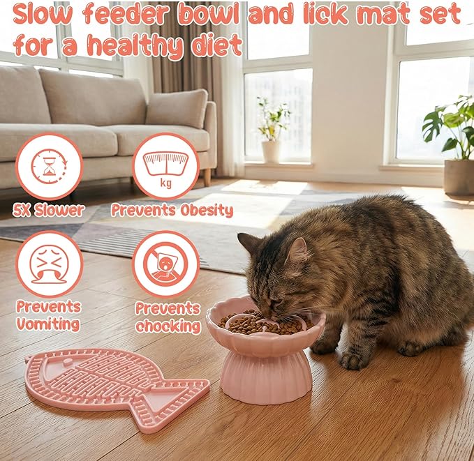 Ceramic Slow Feeder Cat Bowl 5.5inch with Lick Mat,Elevated Food Bowl for Cats and Small Dogs,Cute Flower Shape for Dry and Wet Food-Pink Bowl +Pink Lick Mat