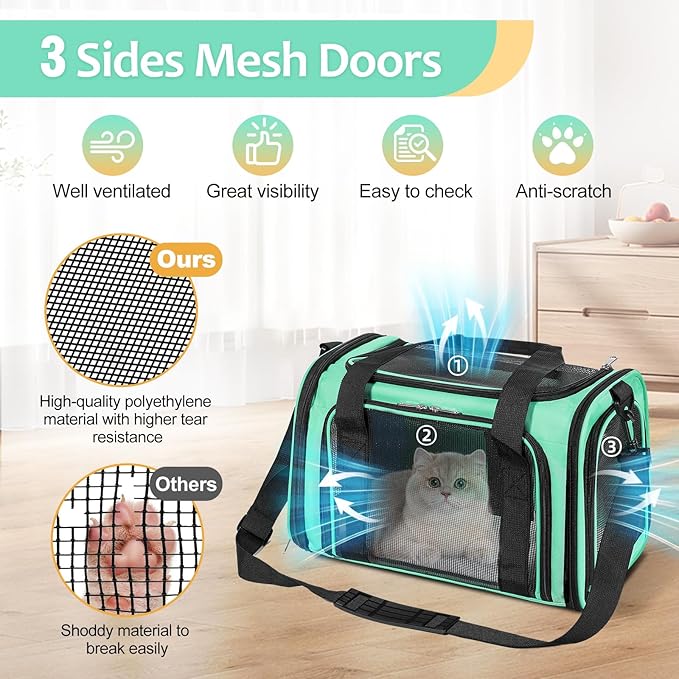Discala Cat Dog Carrier Up to 15 Lbs TSA Airline Approved Pet Carrier for Small Medium Cats Puppies Dog Carriers for Small Dogs Collapsible Soft Sided Cat Travel Carrier - Green 15.7"x10.2"x10.2"