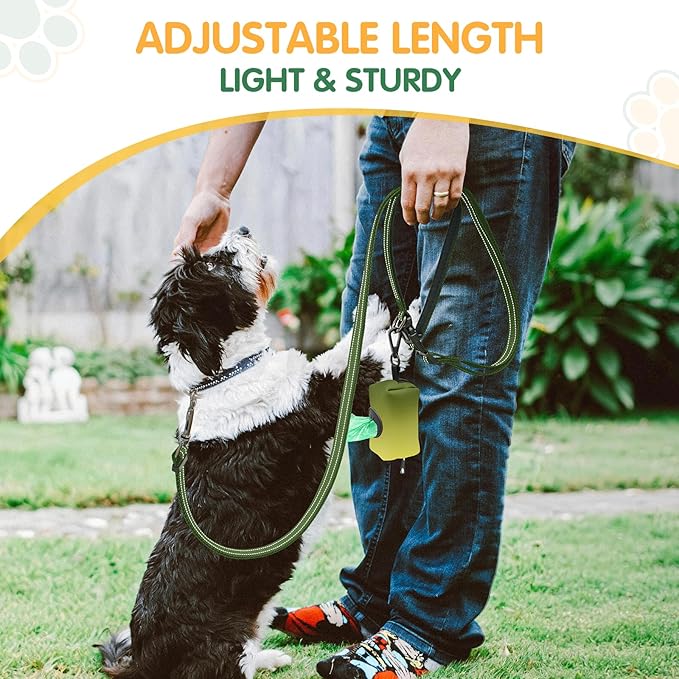 Kazazoo Hands-Free Dog Leash with Poop Bag Holder, Adjustable 4-7 Ft Waist for Dog Walking, Running for Small & Medium Dogs with Reflective Strips, Nylon Waist Belt, Green