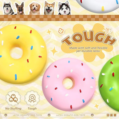 16 Pcs Latex Squeaky Dog Toys Donut Small Dogs Squeaky Chew Toys for Aggressive Chewers Soft Interactive Fetch Play No Stuffing Durable Teething Items for Small Puppy