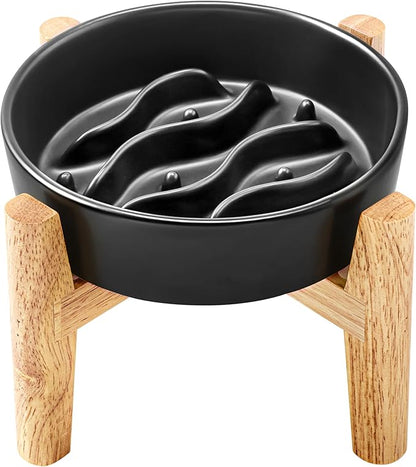 Ceramic Slow Feeder Dog Bowls Elevated, 0.6 Cup Dog Slow Feeder for Small Dogs, Puzzle Maze Bowl, 14oz, 6in, Black
